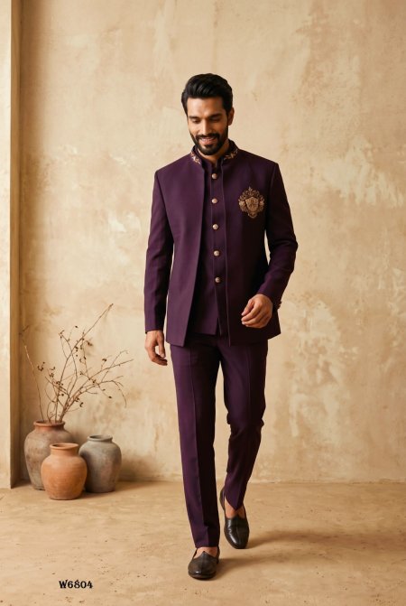 Wine Outluk Wedding Vol 68 Lachaka Hand Work Mens Jodhpuri Suit W6804.